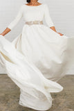 Scoop Belt 3/4 Sleeves Satin Beading Crystals Wedding Dress