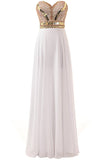 Long Beaded White Prom Dresses Featuring Sweetheart Neckline Long Chiffon A Line