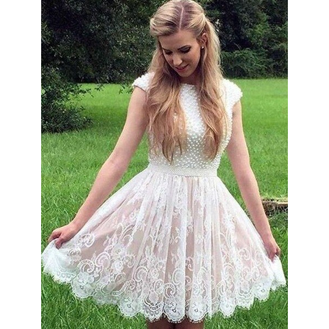 Champagne Lace Pearls Sheer Neck Short Mini Homecoming Dress