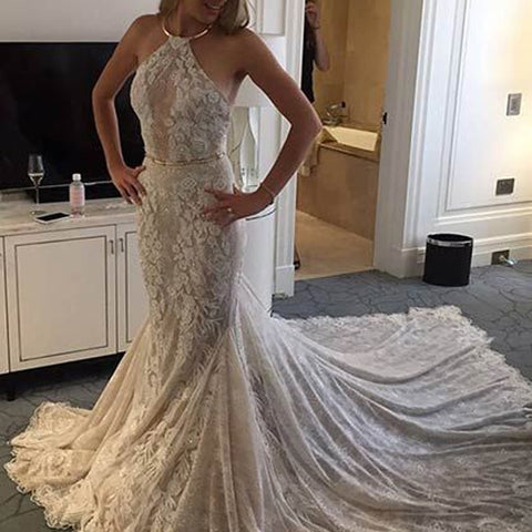 Halter Sleeveless Lace Court Train Mermaid Wedding Dress with Ruched