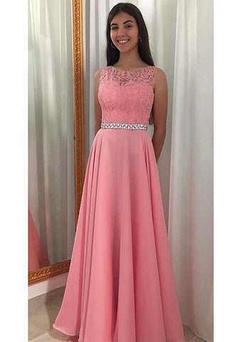  Chiffon & Tulle Jewel Beading Belt Floor-length A-line Prom Dress