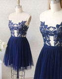 Blue Sheer Neck Lace Applique Short Prom Dress