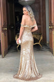 Off The Shoulder Gold Sexy Side Slit Sequins Long Open Back Prom Dress