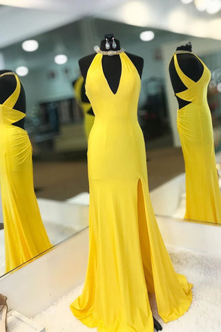 Yellow Long Satin Halter Mermaid  Prom Dress with Open Back and Slit