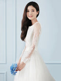  Appliques Long Sleeve Tea-Length Wedding Dress
