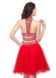 Chic Tulle High Collar Neckline A-Line Two-piece Homecoming Dresses With Beadings
