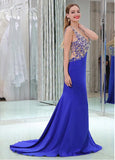 Tulle & Linen V-neck Neckline Cut-out Mermaid Prom Dresses With Beadings