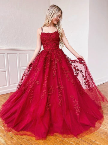 Appliques Burgundy Lace Long Tulle Double Straps Prom Dress