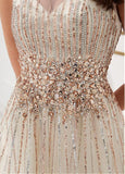 Champagne Beading Tulle Jewel Sequin Beading A-line Prom Dress