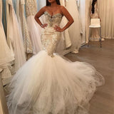 Appliques Lace Sweetheart Crystal Mermaid Tulle Sexy Wedding Dress