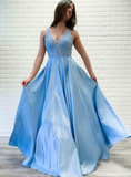 Sleeveless A-Line Blue Satin V-neck Lace Long Prom Dress