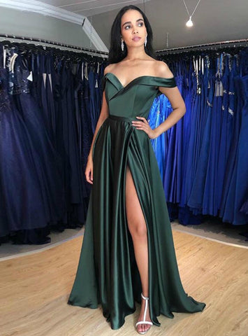 Dark Green Satin Off the Shoulder Prom Dress With Side Split