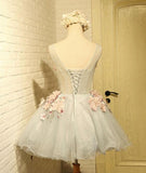 Lace Up Gray Tulle Lace Applique Short Prom Dresses