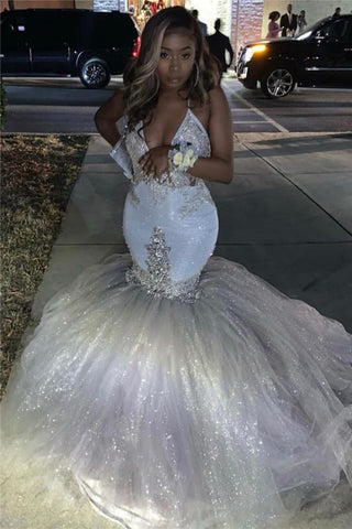 Spaghetti Straps Silver Sparkling Sequins Mermaid Beads Appliques Prom Dress