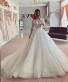Beading Lace Appliques Long Sleeves Jewel Ball Gown Wedding Dress