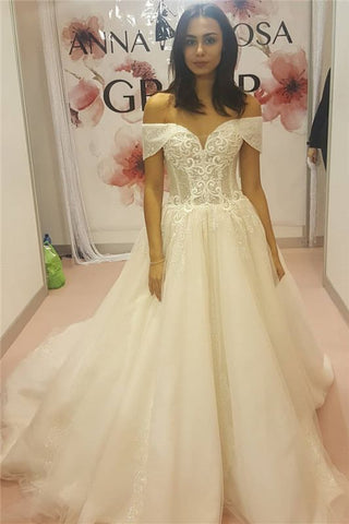 Sweetheart Tulle Off The Shoulder Appliques Cheap Wedding Dress