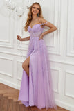 Off The Shoulder Lavender Appliques Prom Dress With Slit