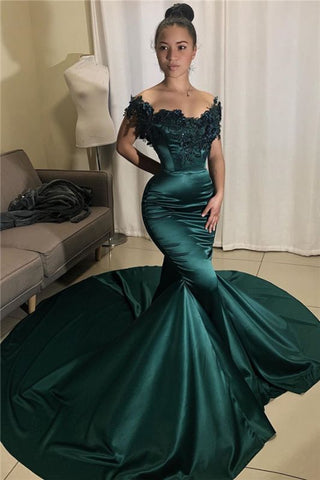 Mermaid Beads Appliques Off The Shoulder Dark Green Prom Dress