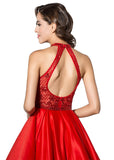 Gorgeous Satin Halter Neckline A-Line Short Homecoming Dresses With Beadings