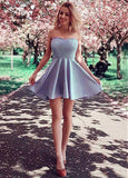  Satin Strapless Blue Short A-line Homecoming Dress