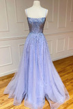 Backless Long Purple Tulle Sequin Spaghetti Straps Prom Dress