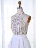 Satin Halter Backless Short White Sequins Homecoming Dress