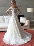 A-Line Button Off the Shoulder Appliques Long Sleeves Wedding Dress