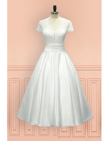 Sheer Back Satin Buttons Tea Length Cap Sleeves Wedding Dress