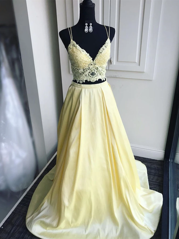 Lace Top Long Satin V Neck Two Pieces Yellow Prom Dress