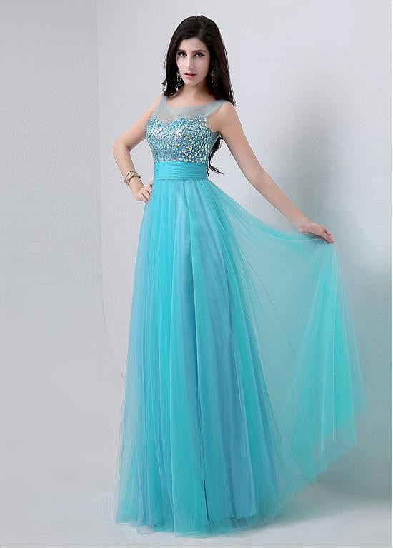 Blue Fabulous Tulle Scoop Neckline A-line Prom Dresses With Beadings ...