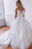 Appliques Lace Spaghetti Straps Ruffles Puffy Bridal Wedding Dress