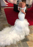 Fashion Beautiful Tulle & Organza Off -the-shoulder Neckline Mermaid Formal Dresses With Beaedings & Ruffles