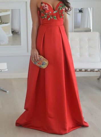 Long Red A Line Strapless Satin Unique Embroidery Prom Dress