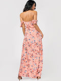 Pink Tiny Floral High Slit Ruffles Maxi Tube Dress