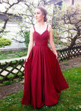 A-Line Burgundy Chiffon V-neck Pleats Long Prom Dress