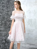 Romantic White Button Lace Short Sleeves Homecoming Dress