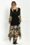 Black Long Sleeve Printed Maxi Chiffon Dress