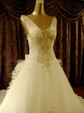 A-Line Floor-Length V-Neck Beading Bowknot Cathedral Train Wedding Dress
