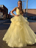 V Neck Sequins Fluffy Tulle Yellow Long Prom Dress