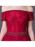 A-Line Off-the-Shoulder Lace Beading Court Train Evening Dress