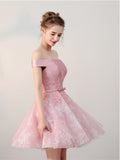  Lace Off-the-Shoulder Pink Sashes Mini Homecoming Dress