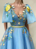 Blue Tulle Floor-length Embroidery A Line Prom Dress With Pockets