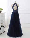 Sexy Halter Backless Evening Dresses With Beading Sequins Sleeveless Tulle A-Line Prom Dress Party Gowns