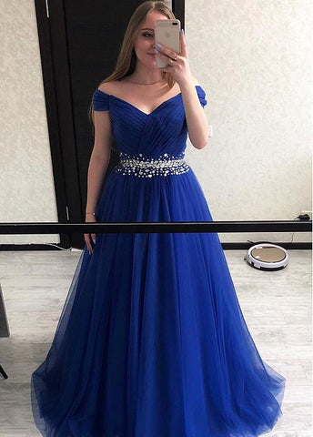 Tulle Off-the-shoulder Rhinestones Royal Blue A-line Prom Dress