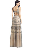 Shimmering Tulle Scoop Neckline Cut-out Back Full-length A-line Evening Dresses With Beadings