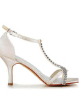 Pretty Satin Upper Open Toe Stiletto Heels Bridal Shoes With Rhinestones