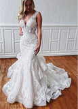 Tulle V-neck Lace Appliques & Beadings Mermaid Wedding Dress