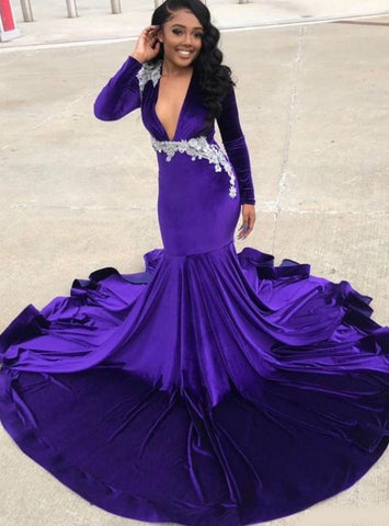 Appliques Purple Mermaid Deep V-neck Long Sleeve Prom Dress