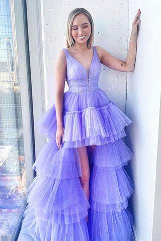 Lilac Tulle Sleeves Beading V Neck Prom Dress