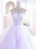 Lilac Purple Strapless Tulle Sheer A Line Prom Dress